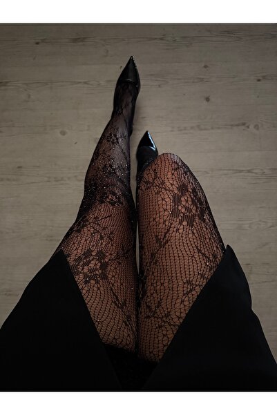 MATHILDA Дамски чорапогащи с мотив на роза от черни камъни