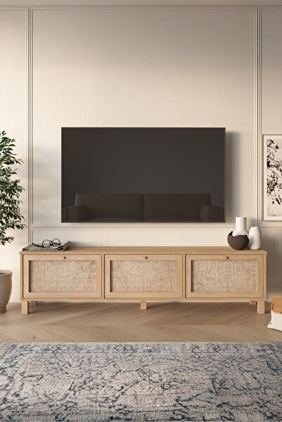Yurudesign Dune Tv Ünitesi Sehpası Ahşap Ayaklı 3 Ahşap Jüt Kapaklı 180cm Sep...