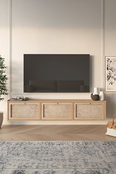 Yurudesign Dune Tv Ünitesi Sehpası Duvara Monte 3 Ahşap Jüt Kapaklı 180cm Sep...