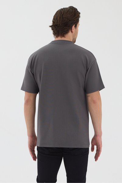 WERRONİ Men's Dark Gray Color Jacquard Fabric Printed Slim Fit T-Shirt