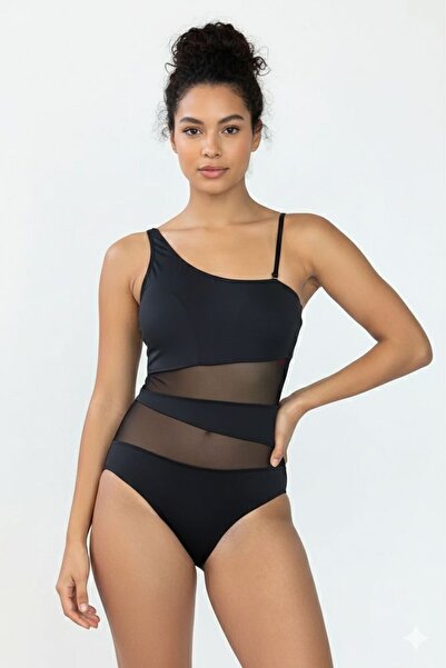 DRESSY LIFE Women's Tulle Detailed Swimsuit Lycra Matte Black