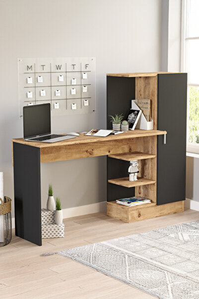 Yurudesign Laura Kitaplıklı Çalışma Masası Atlantik Çam Siyah Çocuk Çalışma M...