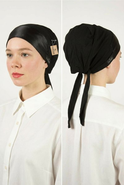 Tergek Satin Lace-Up Stylish Bonnet Black, Adjustable Hijab Headscarf Scarf Shawl Turban Bonnet with Back Lacing
