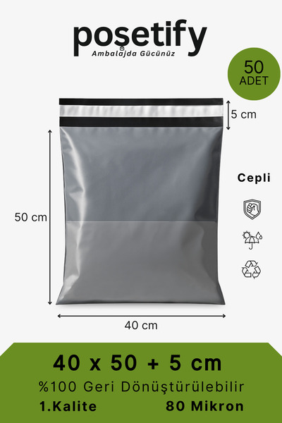 POŞETİFY Cepli Kargo Poşeti 40x50x5 cm | 50 Adet | E-Ticaret Poşeti | Gri | Y...