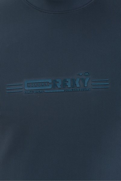 WERRONİ Men's Petrol Blue Color Jacquard Fabric White Thick Stripe Sleeve Detail Printed Slim Fit T-Shirt