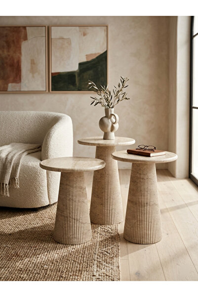 Aura Ways TRAVERTEN 3'lü Mantar Zigon Sehpa / Üçlü Mantar Sehpa