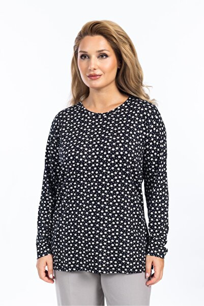 Mutlu City Γυναικεία χτενισμένη βαμβακερή μπλούζα με λουλουδάτο μοτίβο με στρ...