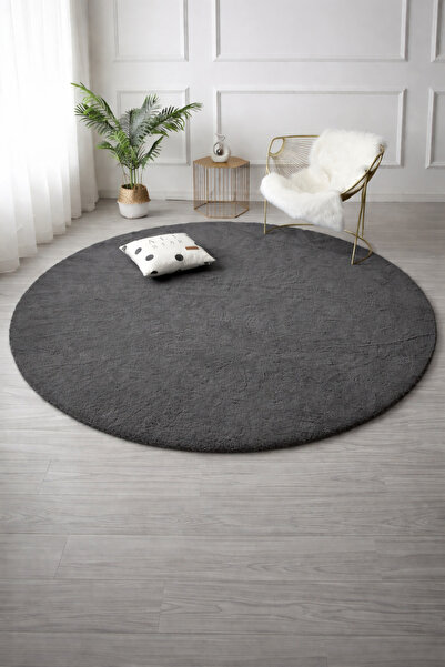 SANRUGS Home & Living Antrasit Renk Daire Peluş Pofuduk Kaymaz Taban Makinede...