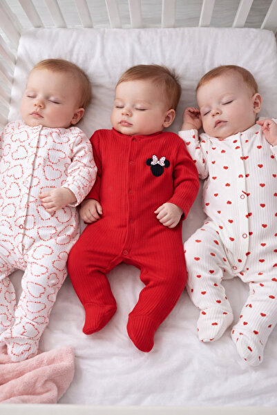 VANİLLİA Organik %100 Pamuklu Minnie Mouse Baskılı 3'lü Tulum Set Yenidoğan T...