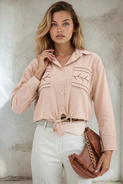 soi fashion Front Tie Embroidery Detailed Shirt