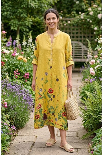 AYASOFYA OTANTIK Rochie de damă, italiană, din in, lungă, lejeră, supradimens...