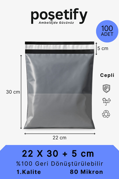 POŞETİFY Cepli Kargo Poşeti | 22x30x5 cm | 100 Adet | Gri | 80 Mikron | Küçük...