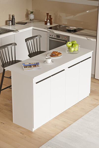 Yurudesign Orren Ada Mutfak Yemek Masası 4 Kapaklı 160cm Beyaz OR1-W