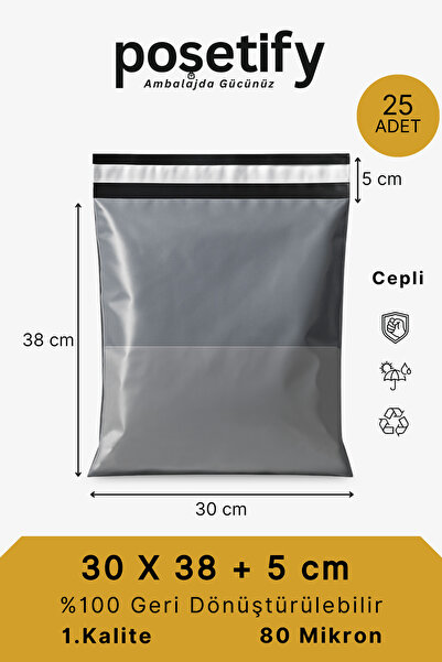 POŞETİFY Cepli Kargo Poşeti 30x37x5 cm | 25 Adet | E-Ticaret Poşeti | Gri | Y...
