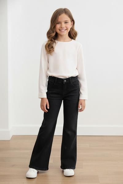 zubi baby & kids wear Bayhas Girl's Black Wide Leg Embroidered Denim Pants