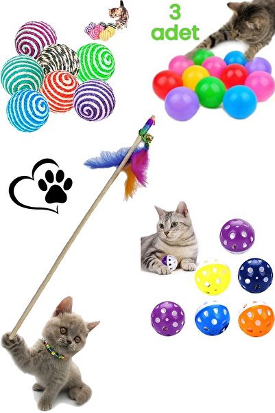YİĞİTLERAVM 6'lı Kedi Oyun Seti : Kedi Oyun Oltası 50 Cm , 3'lü Oyun Topu , K...
