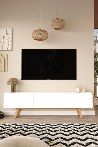 Yurudesign Pulse Tv Ünitesi 3 Kapaklı 180cm Ahşap Ayaklı Beyaz Pu1-w