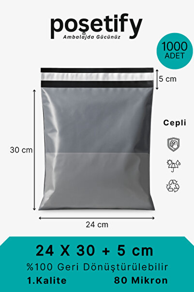 POŞETİFY Cepli Kargo Poşeti | 24x30x5 cm | 1000 Adet | Gri | 80 Mikron | Küçü...