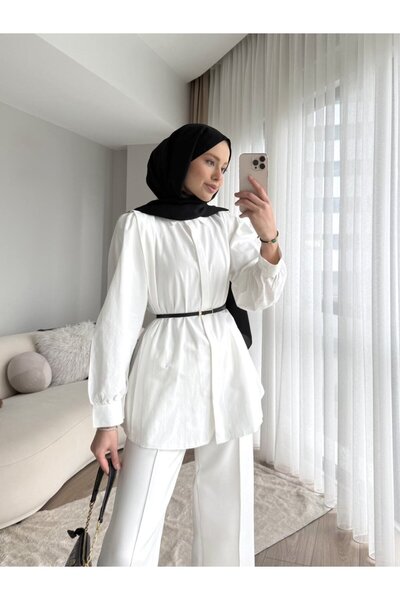 RFK Butik Kadın Omuz Volanlı Gizli Düğmeli Bel Kemerli Gömlek - Beyaz
