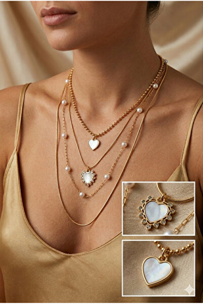 Bonicce قلادة نسائية فاخرة من الفولاذ مكونة من 4 قطع على شكل قلب مرصعة بحجر ا...