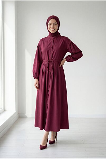 BENAHOLL Φόρεμα Ποπλίνας Nurhan με Κουμπιά και Τούνελ-NA2415 Βουργουνδίας