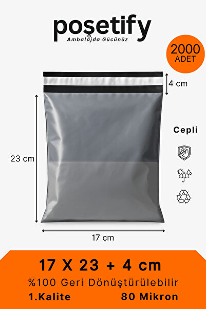 POŞETİFY Cepli Kargo Poşeti | 17x23x4 cm | 2000 Adet | Gri | 80 Mikron | Küçü...