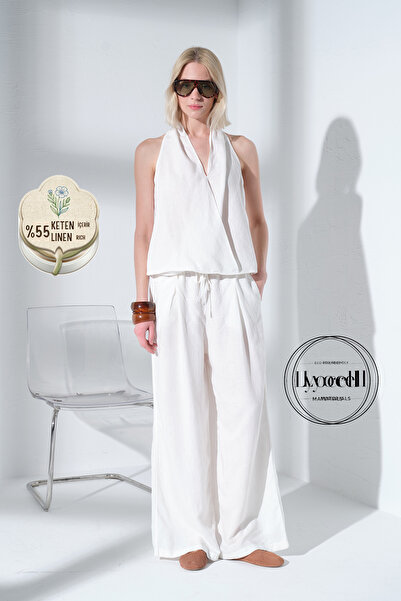 Maule Λινό Lyocell Ελαστικό Παντελόνι με Φαρδιά Μπατζάκια Palazzo Άνετη Εφαρμ...