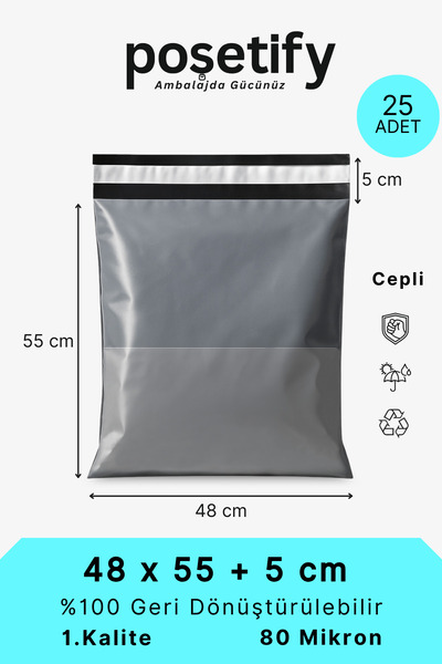 POŞETİFY Cepli Kargo Poşeti 48x55x5 cm | 25 Adet | E-Ticaret Poşeti | Gri | Y...