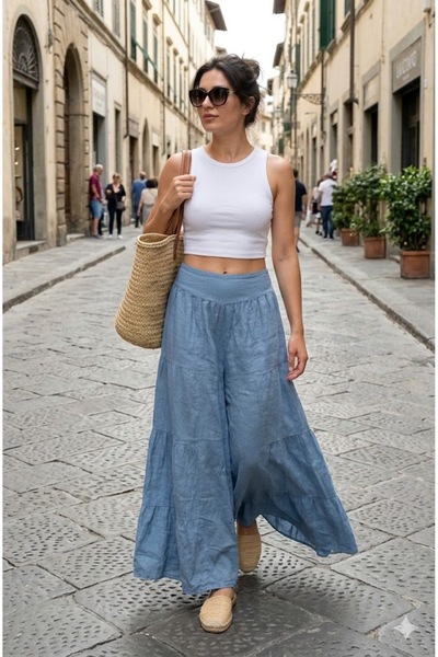 AYASOFYA OTANTIK بنطلون نسائي إيطالي من الكتان باللون الأزرق النيلي، بخصر مطا...