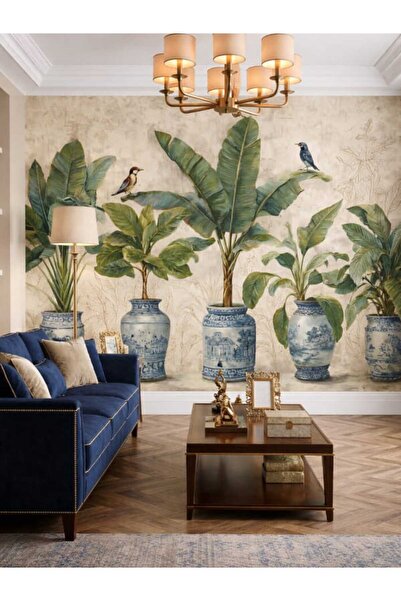 dekoartizan Saksılı Tropikal Bitkiler Duvar Kağıdı. 5 Saksılı Görsel. Tekstil...