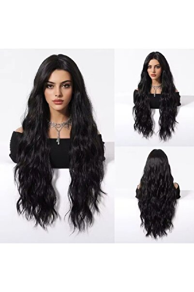 animis beauty Long BLACK wig, wavy, synthetic fiber with look, with semi bang...