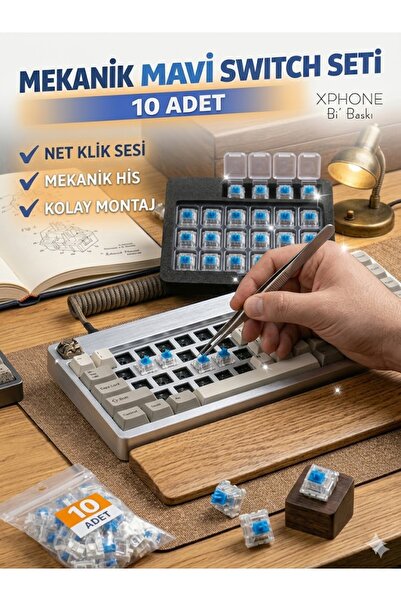 xphone teknik servis Mavi Switch Mekanik Klavye Tuşu - 10 ADET, 2 Pinli - (clicker anahtarlık üretimi için uygun)