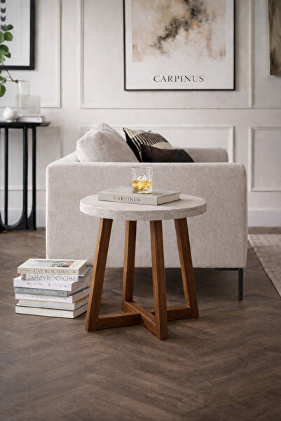 Carpinus Salon & Oturma Odası İçin 40 cm Traverten MDF Tabla Gürgen Ayaklı Ya...