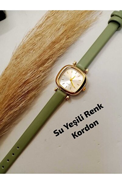 QUARTZ ساعة يد نسائية ريترو مينيمال - حزام بلون أخضر مائي - هيكل ذهبي اللون