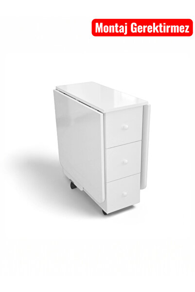 Ege Mobilya Katlanır Kırma Dolaplı Mutfak Masası Çekmeceli Balkon Masası Beyaz