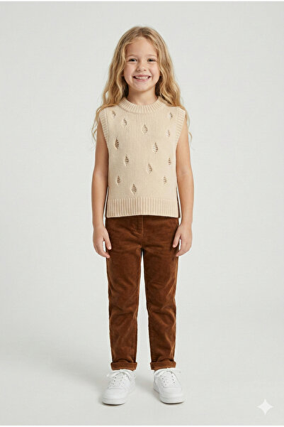 Nimini Kids Pamuklu Dört Mevsim Delik Detaylı Bisiklet Yaka Kız Çocuk Süveter