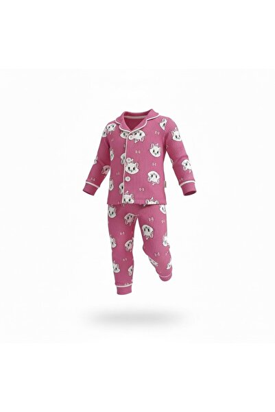 RYZE ÇOCUK Cat Printed Baby Girl 2-Piece Pajama Set Fuchsia