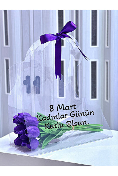 Zemtigo Yazılı Çantalı Islak Lale Buketi Yapay Çiçek Mor Lale Sevgiliye Hediy...