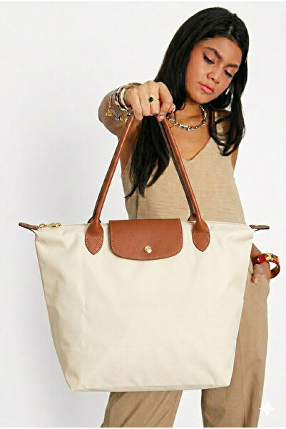 Madame Katlanır Fermuarlı Büyük Boy Kadın El Ve Omuz Çantası Krem Saten Kumaş 🧁