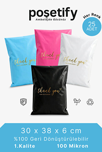 POŞETİFY Premium Renkli Kargo Poşeti 30x38x6 cm | 100 Adet | Thank You Baskıl...