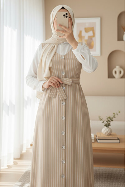 Modamorfo Μπεζ ριγέ γιλέκο με κορδόνι με κουμπιά