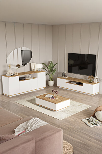 Yurudesign Future Tv Ünitesi Orta Sehpa Konsol 3'lü Set Çam-beyaz Fr18-aw