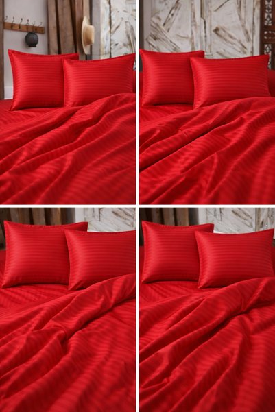 vionetta Striped Cotton Satin Red Hotel Series Double Duvet Cover Set with Elastic Sheets