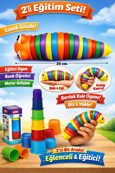 YILDIRIM OYUNCAK Eğitici Esnek Sök Tak Tırtıl 20 cm Ve 6 Parça Mini Sevimli K...