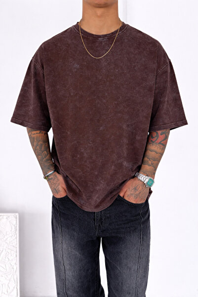 İLKCET MODA Detalji pranja Smeđa Oversize kroj Unisex Pamučni džersej majica