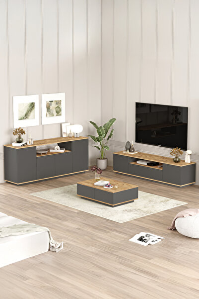 Yurudesign Future Tv Ünitesi Orta Sehpa Konsol 3'Lü Set Çam-Antrasit FR18-AA
