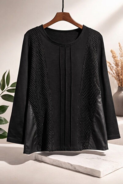 GÜL BUTİK File ve deri detaylı penye bluz