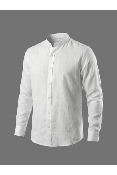 WAMOSSALAPLI Hakim Yaka Uzun Kollu Tam Düğmeli Keten Gömlek