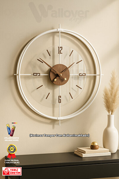 Wallover Design Büyük Boy Jumbo Sessiz Duvar Saati, Beyaz/Ceviz Detaylı Sessi...