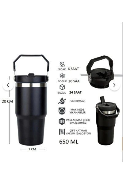 Globox Çelik Termos Pipetli ve Tutmalı Üst Kısmı Geniş 650 ML (SİYAH)